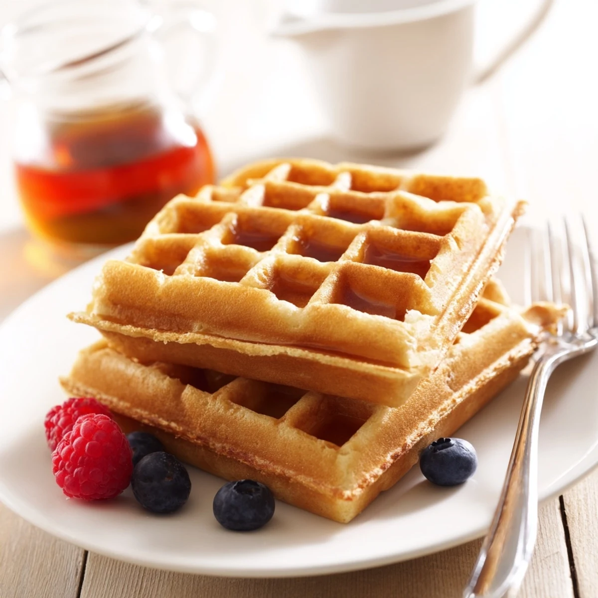 Golden brown Greek yogurt waffles stacked on a plate with maple syrup drizzling down the crispy edges