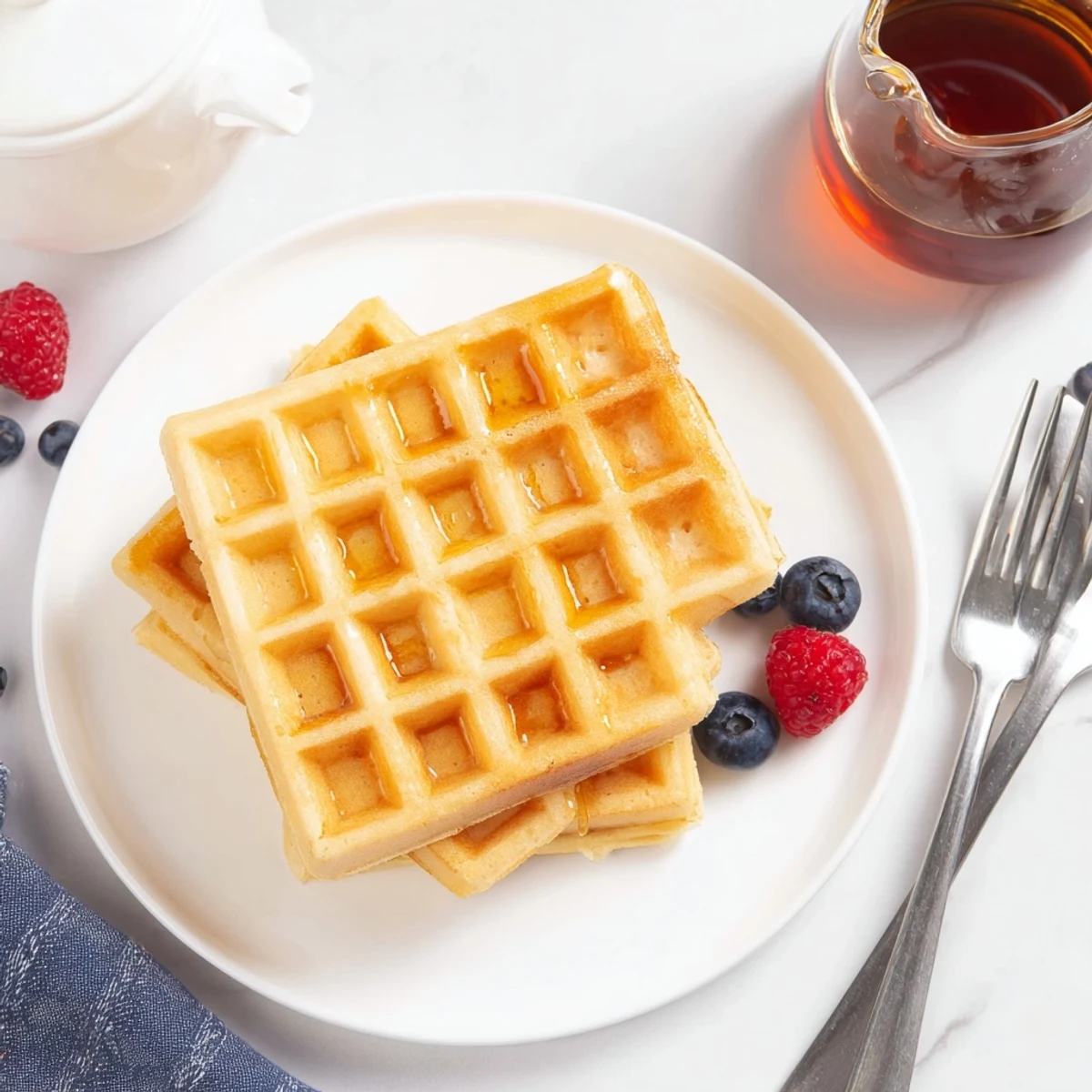 Light and fluffy Greek yogurt waffles topped with fresh berries and a pat of melting butter