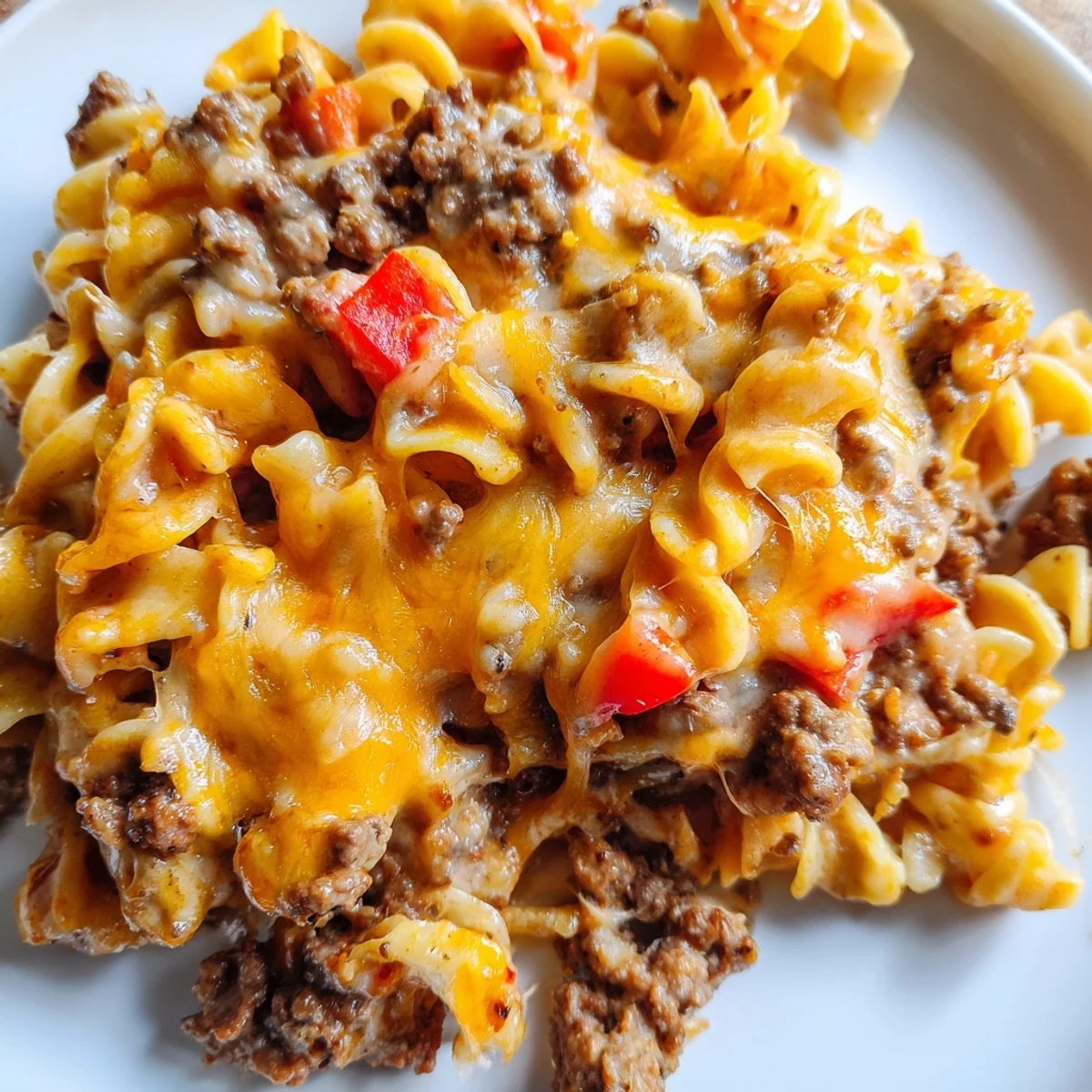 Golden bubbling cheesy beef and noodle casserole fresh from the oven with melted cheddar topping