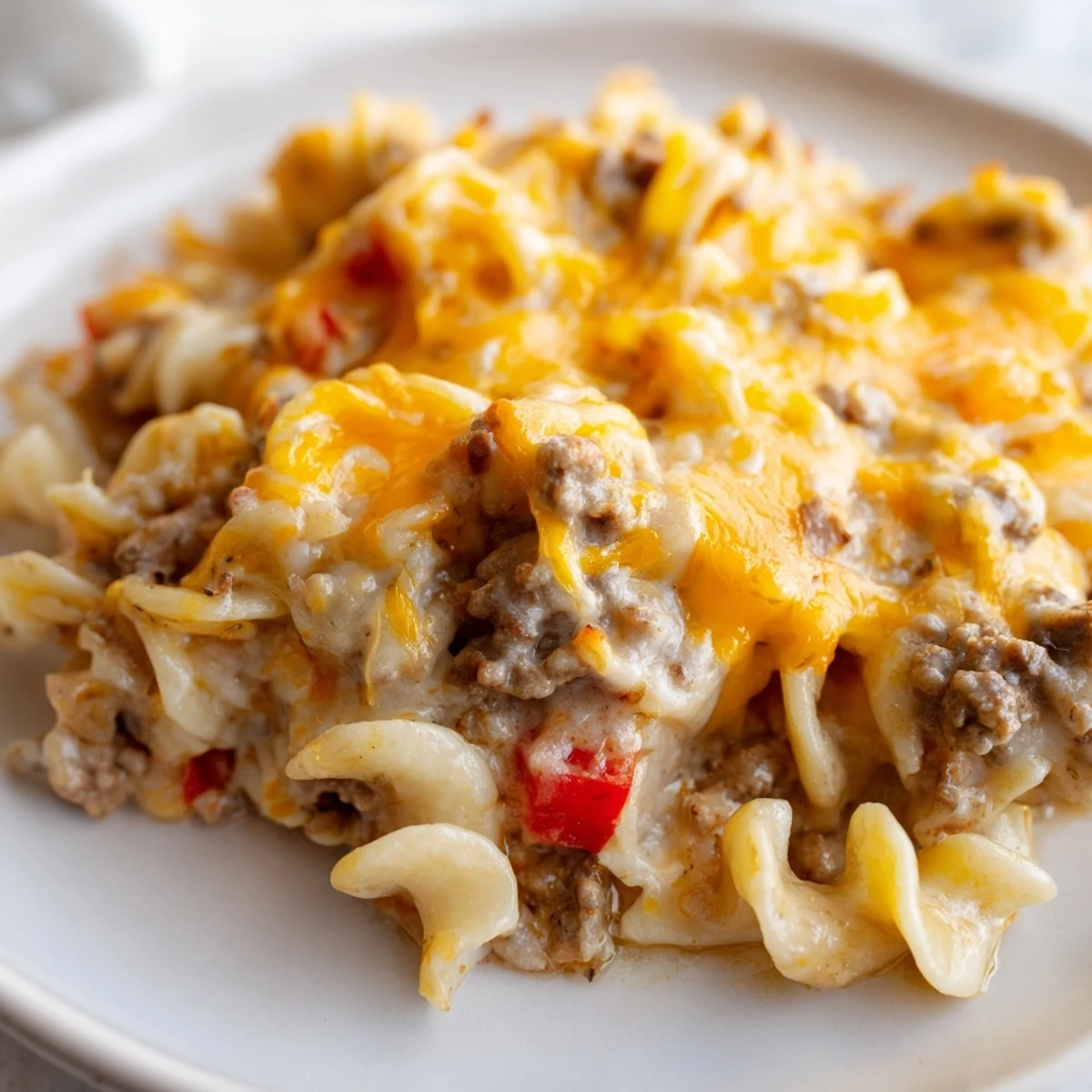 Creamy cheesy beef and noodle casserole served in a white dish with golden melted cheese