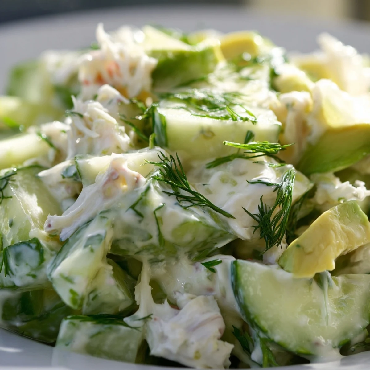 Crisp sliced cucumbers and sweet lump crab meat tossed in tangy lemon herb dressing