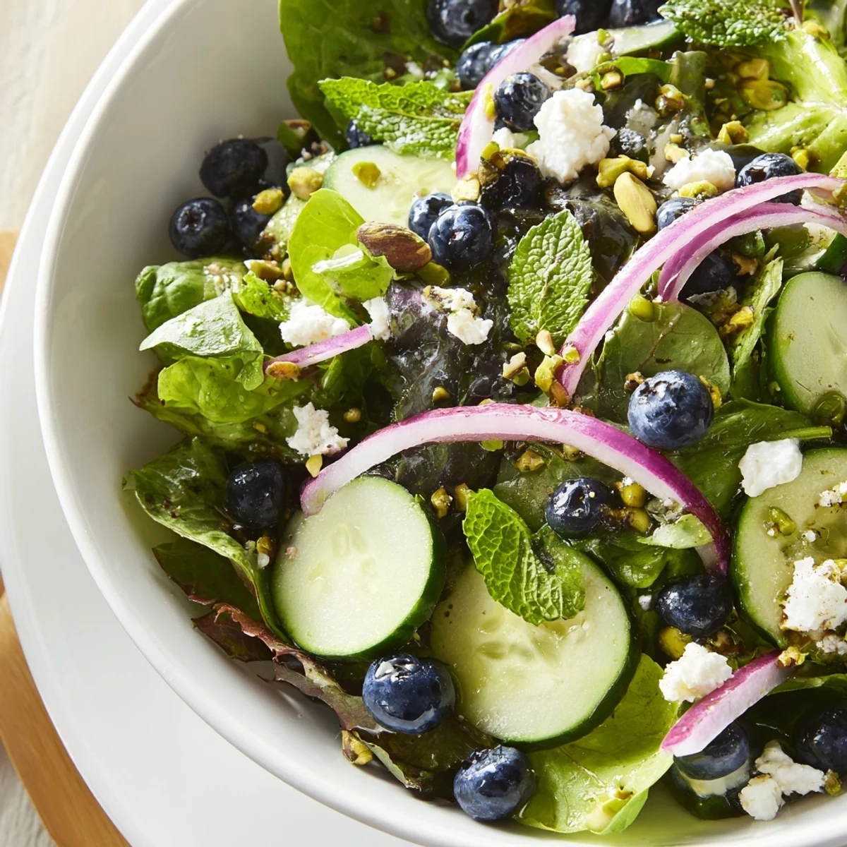 Fresh blueberry pistachio spring salad topped with crumbled feta and zesty lemon dressing