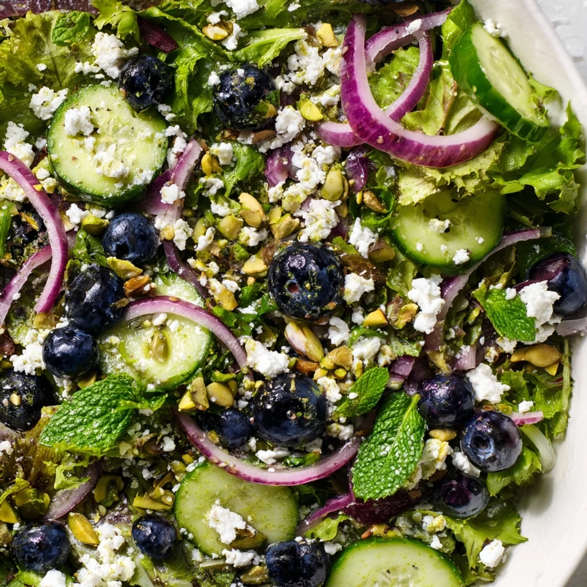 Vibrant blueberry pistachio spring salad featuring crisp greens, sweet berries, and crunchy nuts