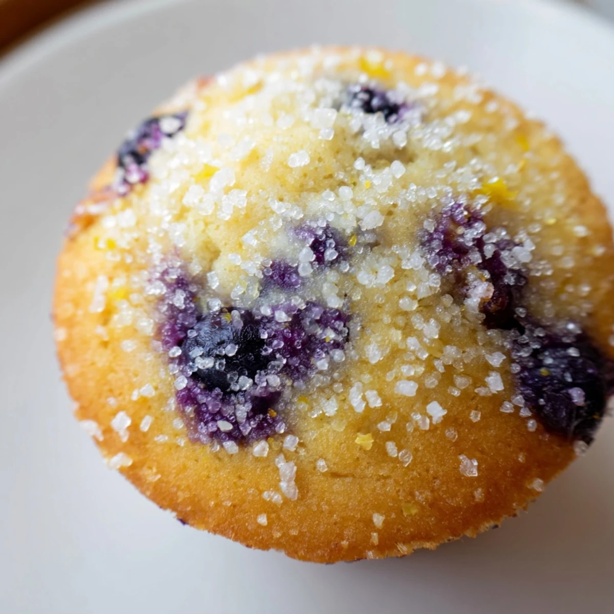 Golden lemon blueberry muffins with sparkling sugar tops served on a rustic white plate