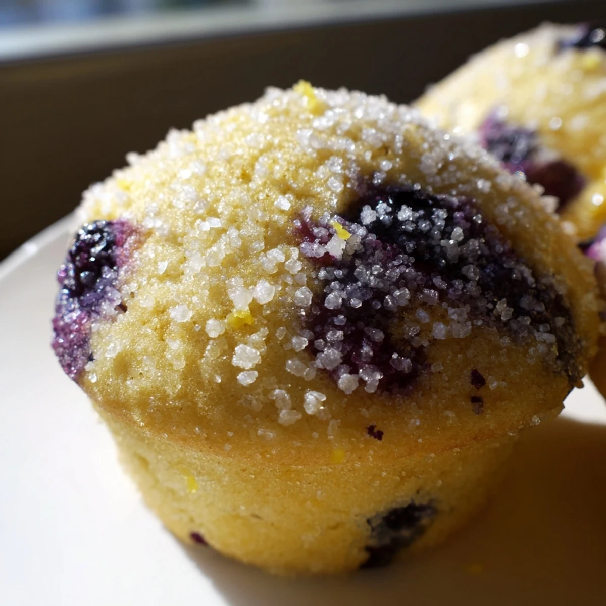 Moist lemon blueberry muffins bursting with fresh berries and bright citrus zest close-up