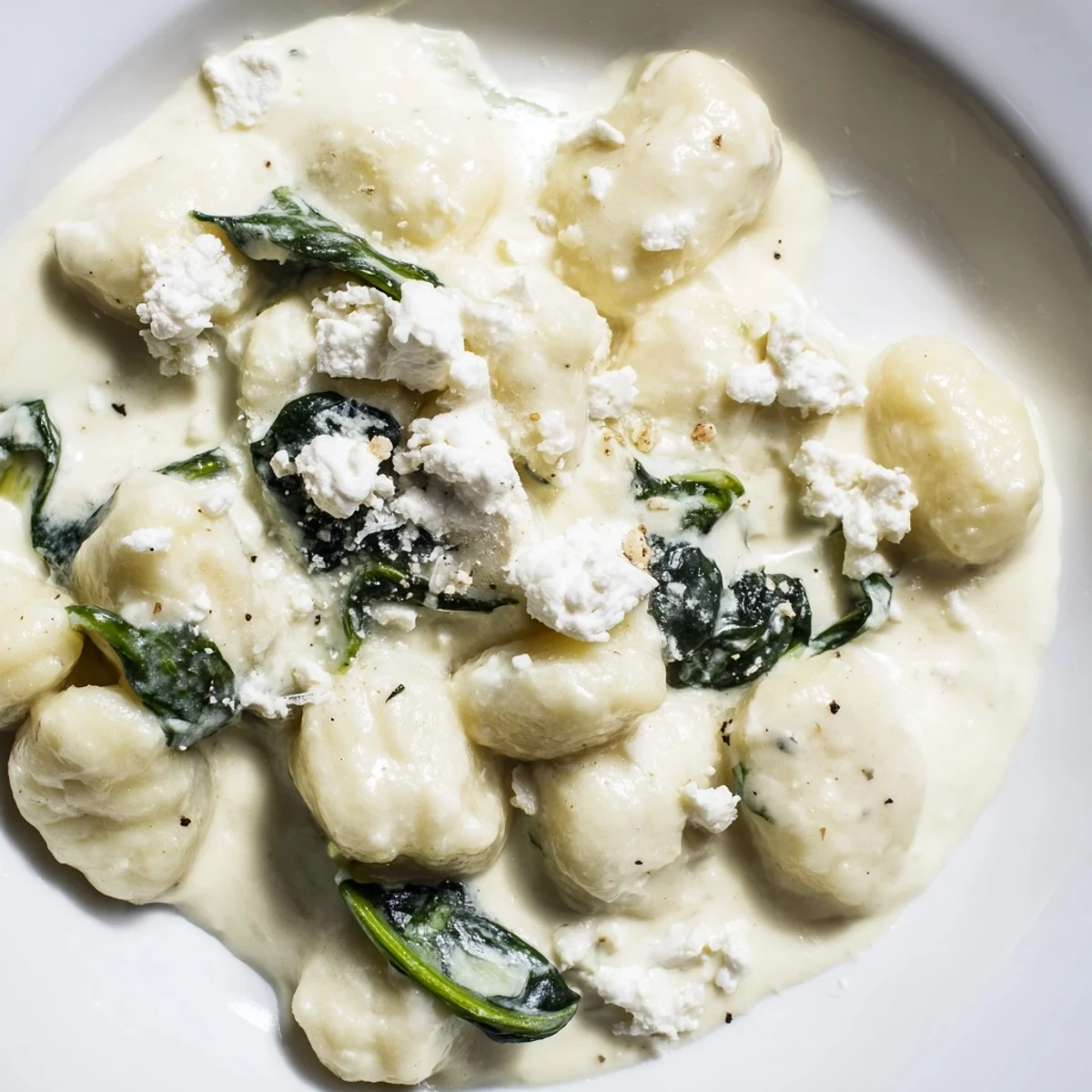 Creamy gnocchi with spinach and feta topped with crumbled cheese in white sauce