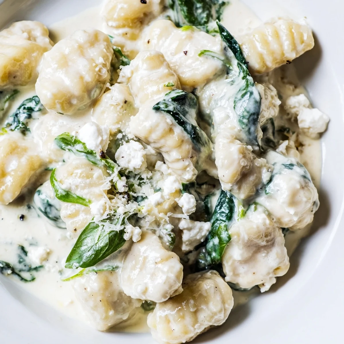 Tender potato gnocchi tossed with wilted spinach and tangy feta in creamy sauce