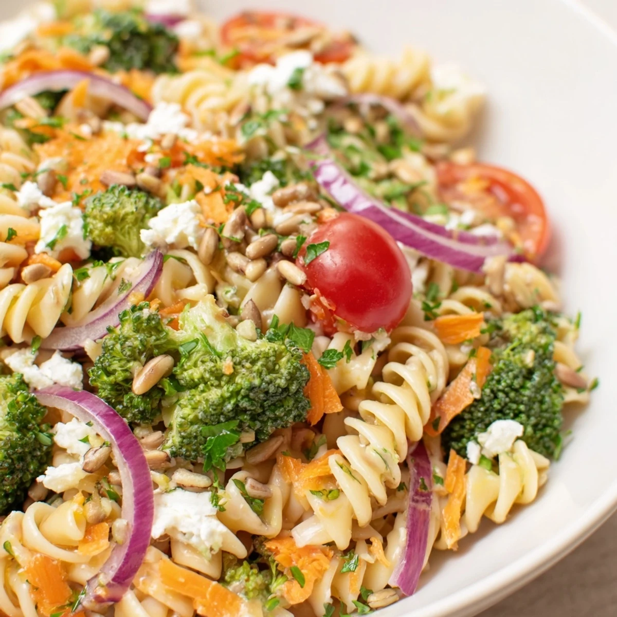 Bright broccoli pasta salad in a bowl topped with crumbled feta and cherry tomatoes