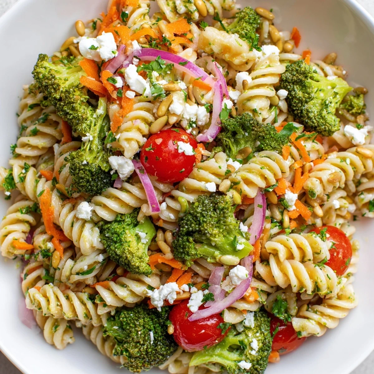 Fresh broccoli pasta salad with zesty lemon dressing, crunchy vegetables, and toasted sunflower seeds