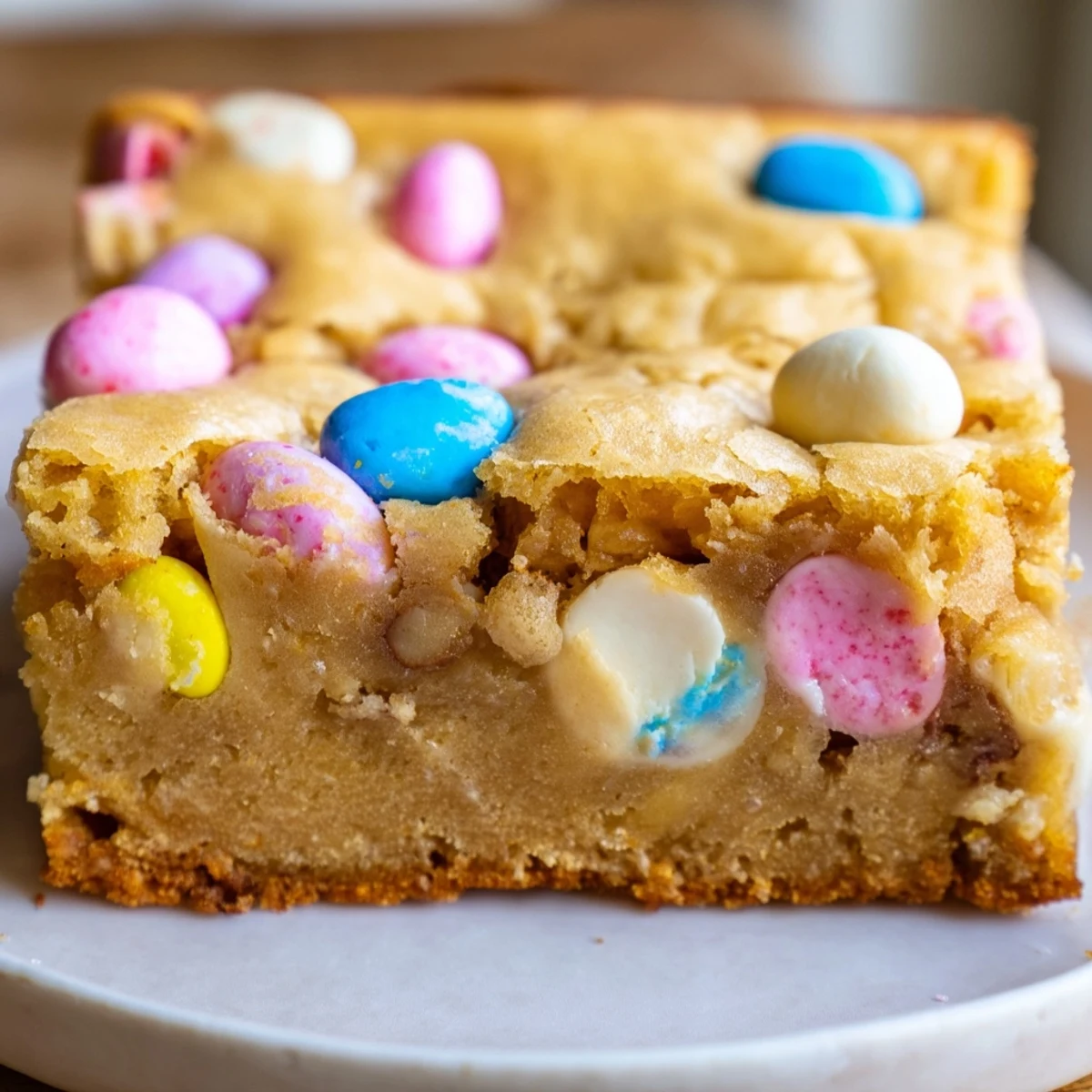 Chewy Mini Cadbury Easter Egg Blondies with colorful candy pieces scattered throughout golden bars