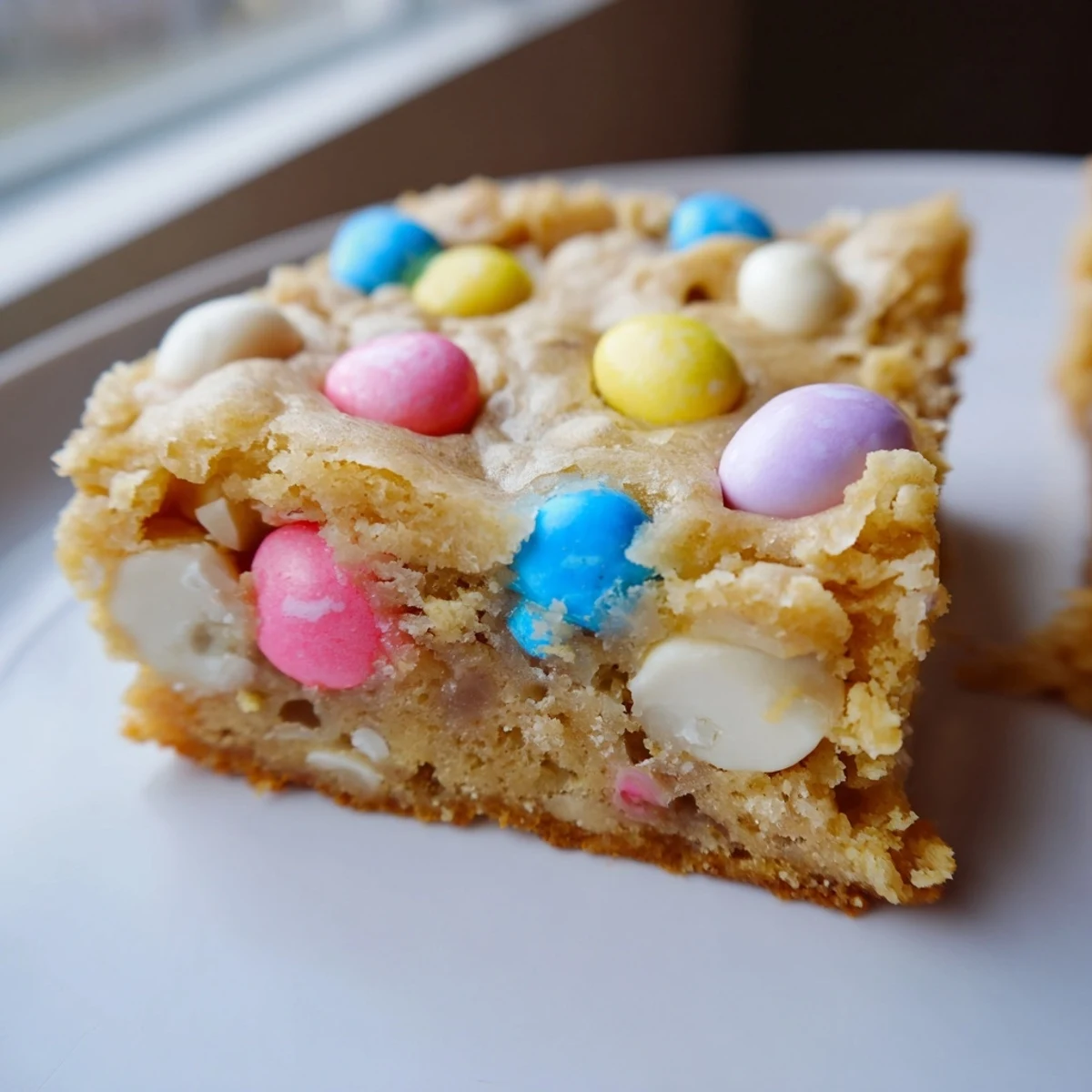 Golden Mini Cadbury Easter Egg Blondies studded with white chocolate chips and pastel candies