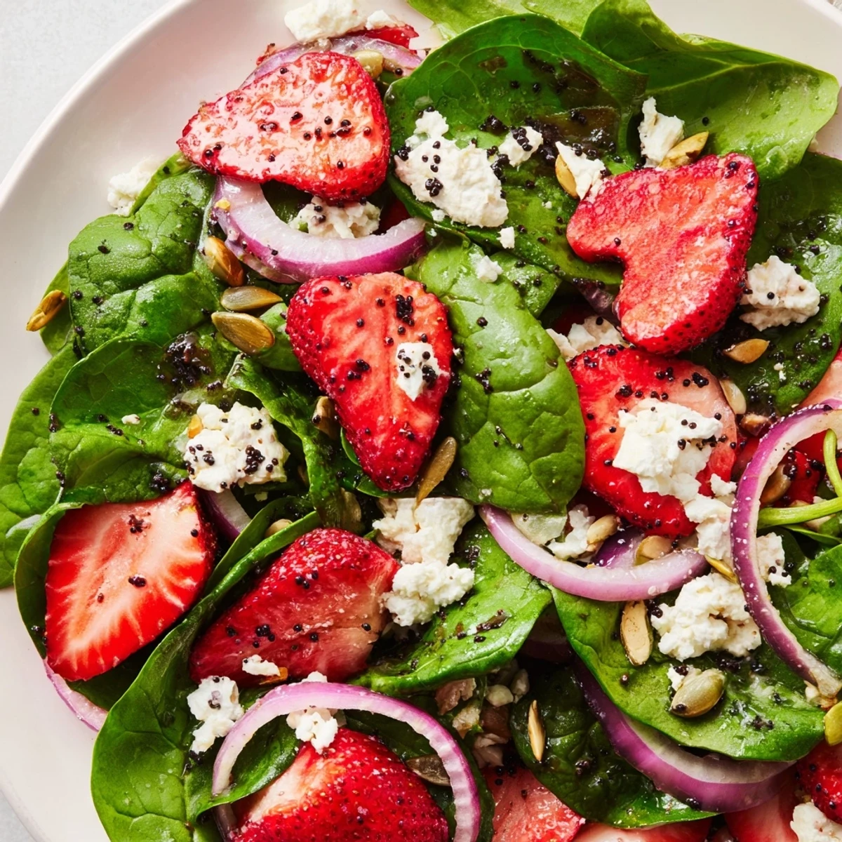 Fresh strawberry spinach salad topped with crumbled feta cheese and toasted sliced almonds
