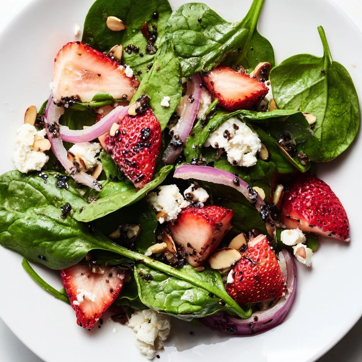 Vibrant strawberry spinach salad with glossy balsamic poppy seed dressing in wooden serving bowl