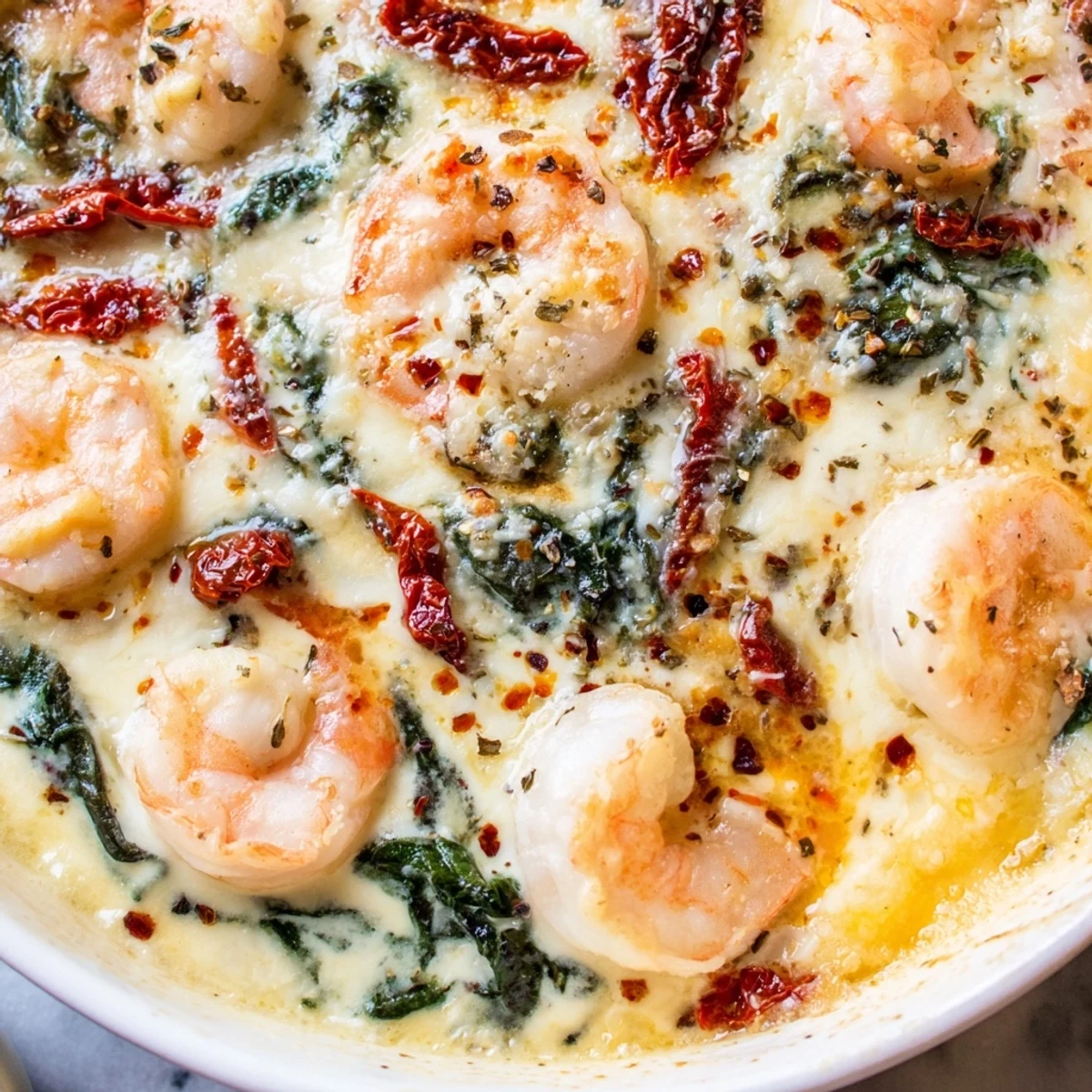 Creamy Low Carb Shrimp Tuscan Bake with melted mozzarella bubbling in a rustic casserole dish