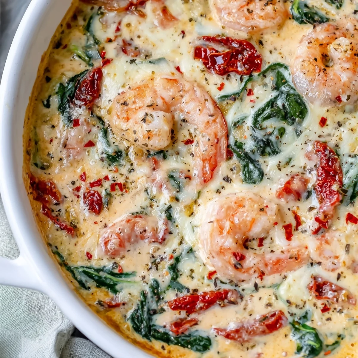 Golden cheesy Low Carb Shrimp Tuscan Bake topped with sun-dried tomatoes and tender spinach