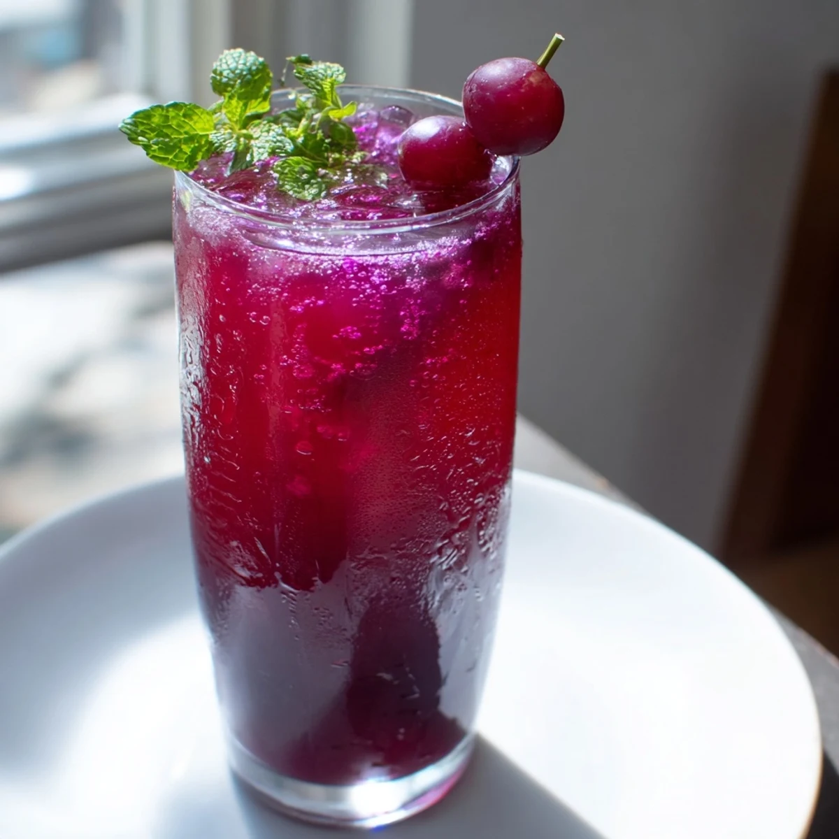 Grape Agua Fresca poured over ice with fresh mint and lime garnish