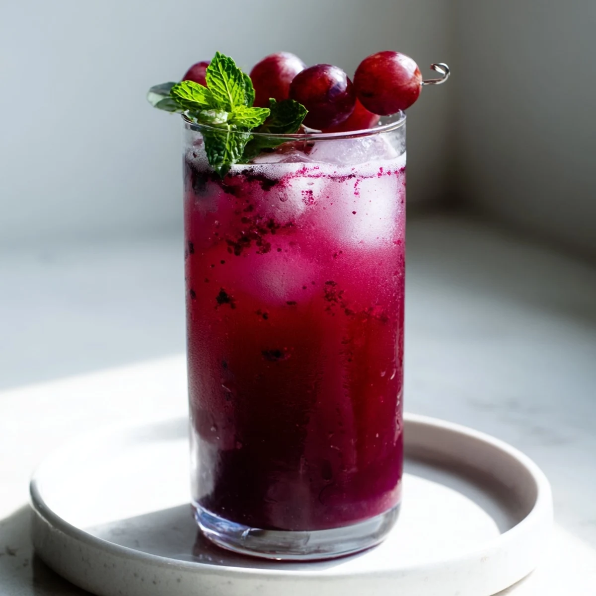 Tall glass of Grape Agua Fresca blending sweet grapes and zesty lime