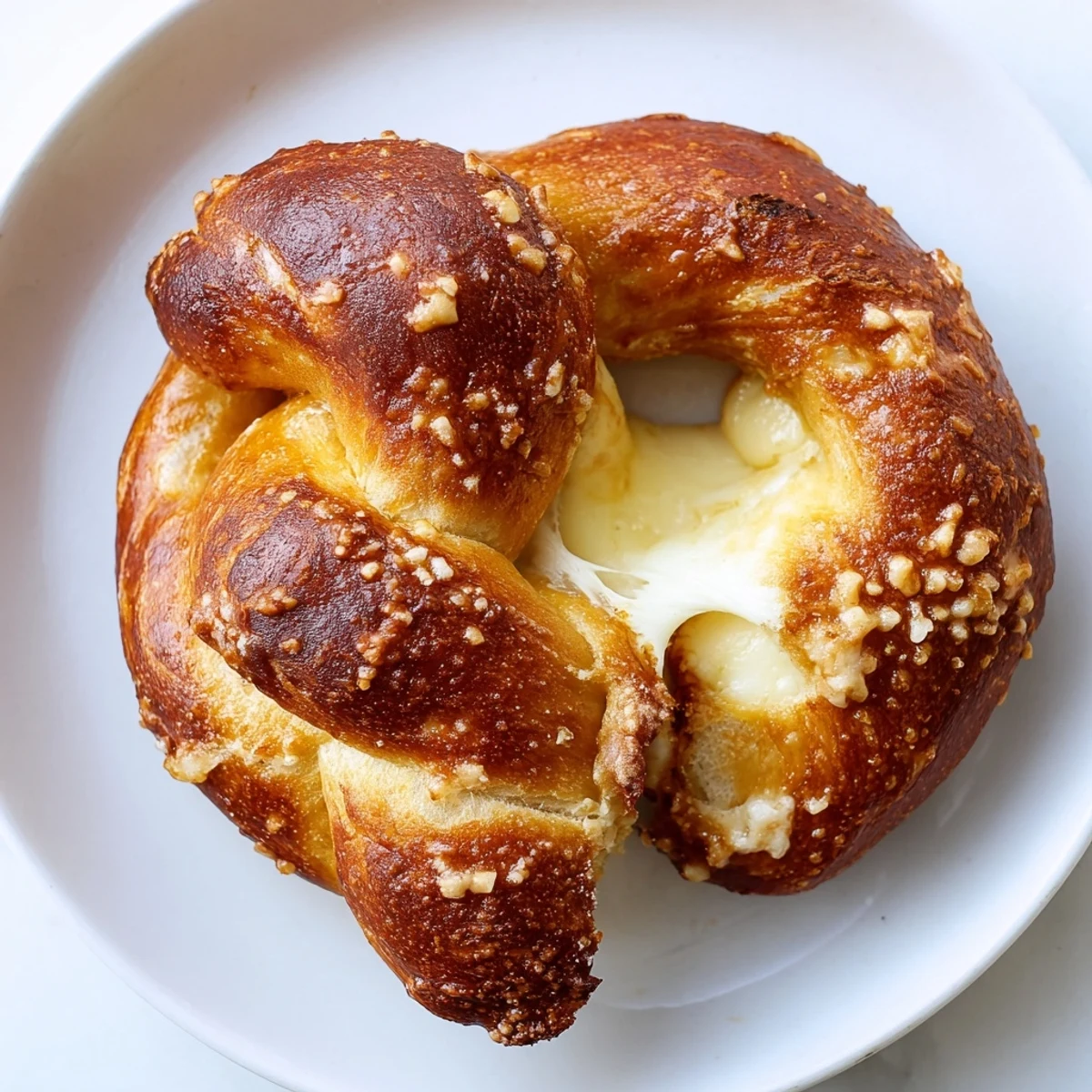 Golden mozzarella stuffed soft pretzels with coarse salt sprinkled on a rustic baking sheet