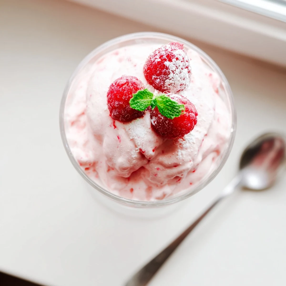 Fluffy raspberry cloud mousse in elegant glasses topped with fresh ripe berries
