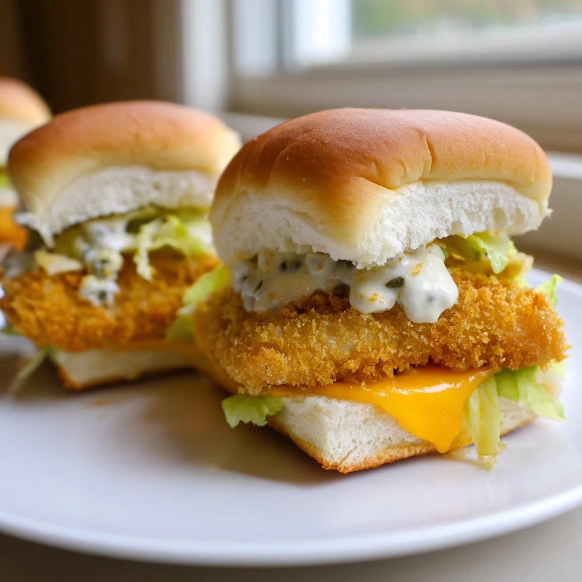 Mini Filet O Fish Sliders topped with tartar sauce and fresh lettuce