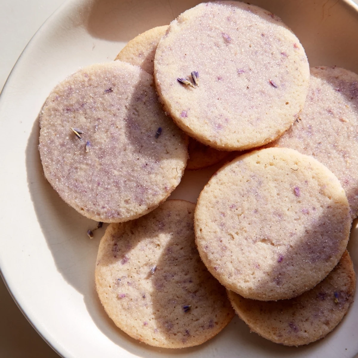 Delicate lilac sugar cookies dusted with floral sugar beside a steaming teacup