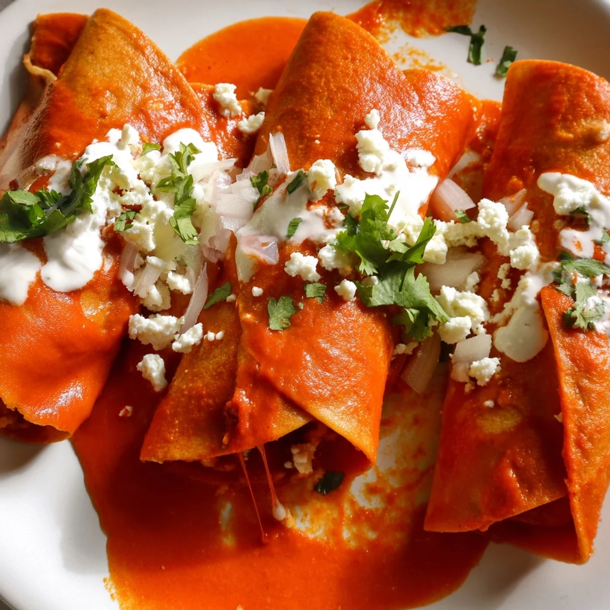 Crispy entomatadas topped with fresh cilantro, crema, and queso fresco on a white plate