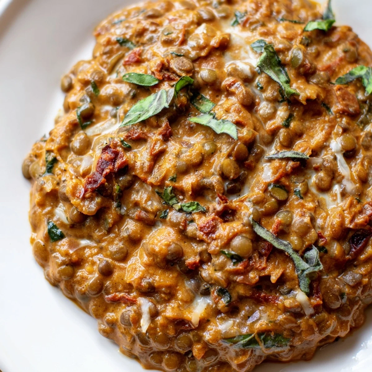 Creamy Marry Me Lentils in rustic skillet with sun-dried tomatoes and fresh basil garnish