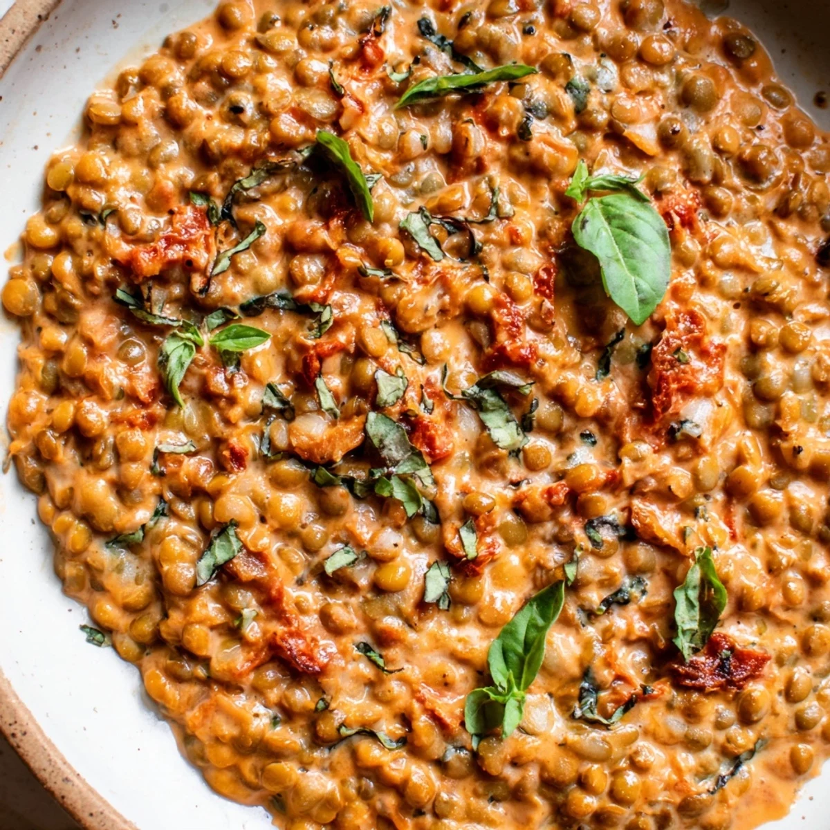 Velvety Marry Me Lentils simmered in rich tomato cream sauce topped with Parmesan cheese