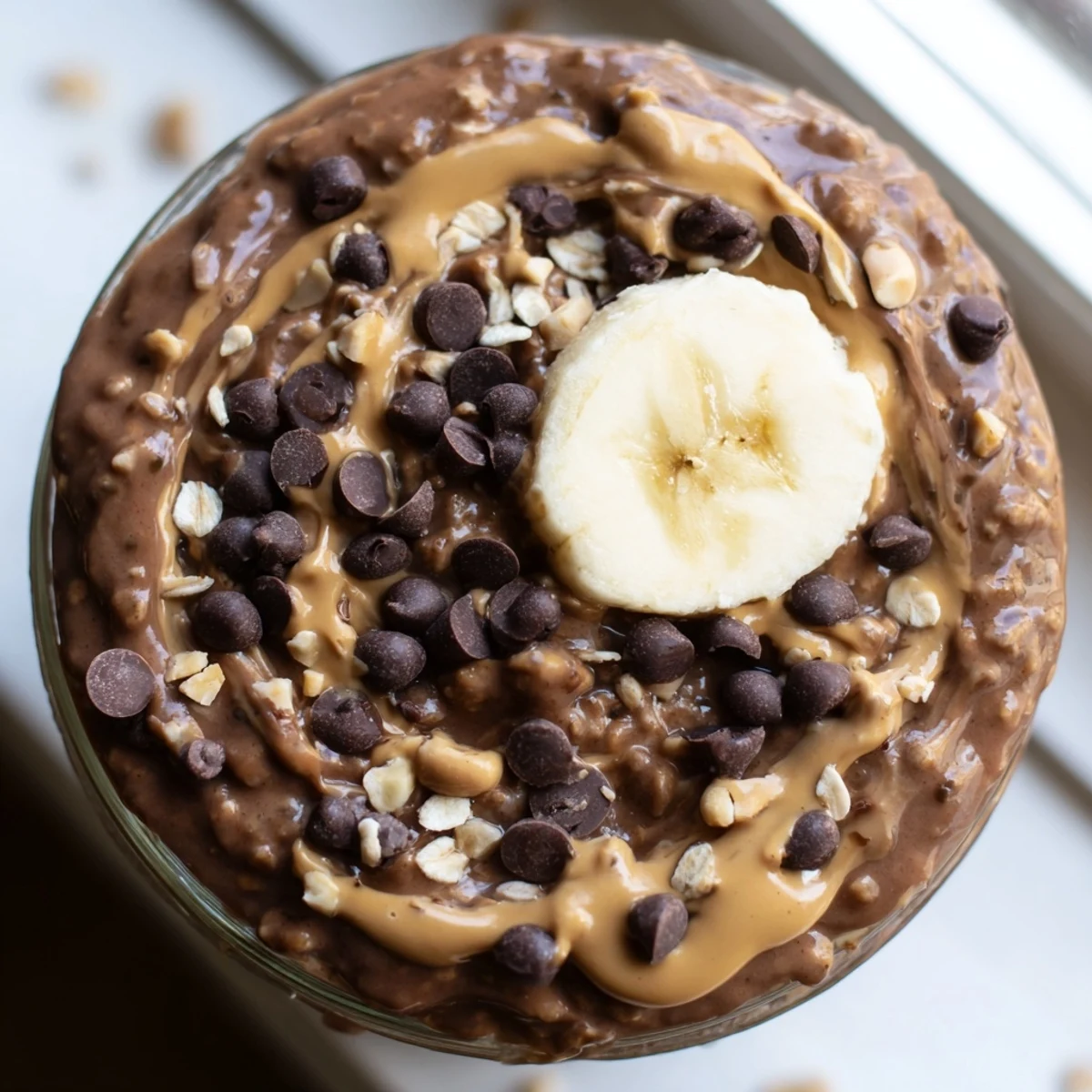 Creamy chocolate peanut butter overnight oats topped with chocolate chips and chopped peanuts in a mason jar