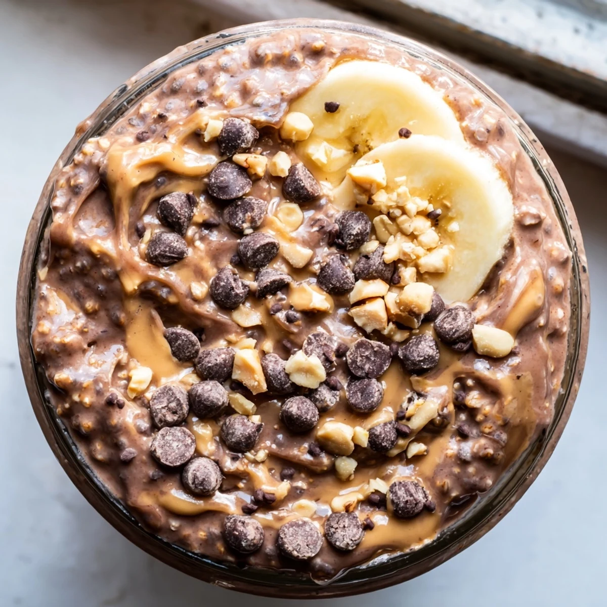 Thick chocolate peanut butter overnight oats served in a bowl with fresh banana slices and drizzle