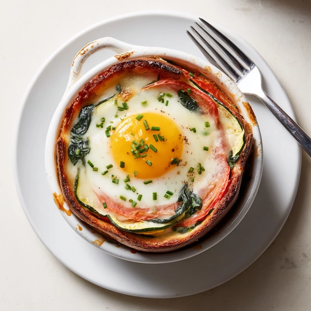 Golden baked eggs napoleon with runny yolks on layered vegetables, ham, and creamy Gruyère sauce