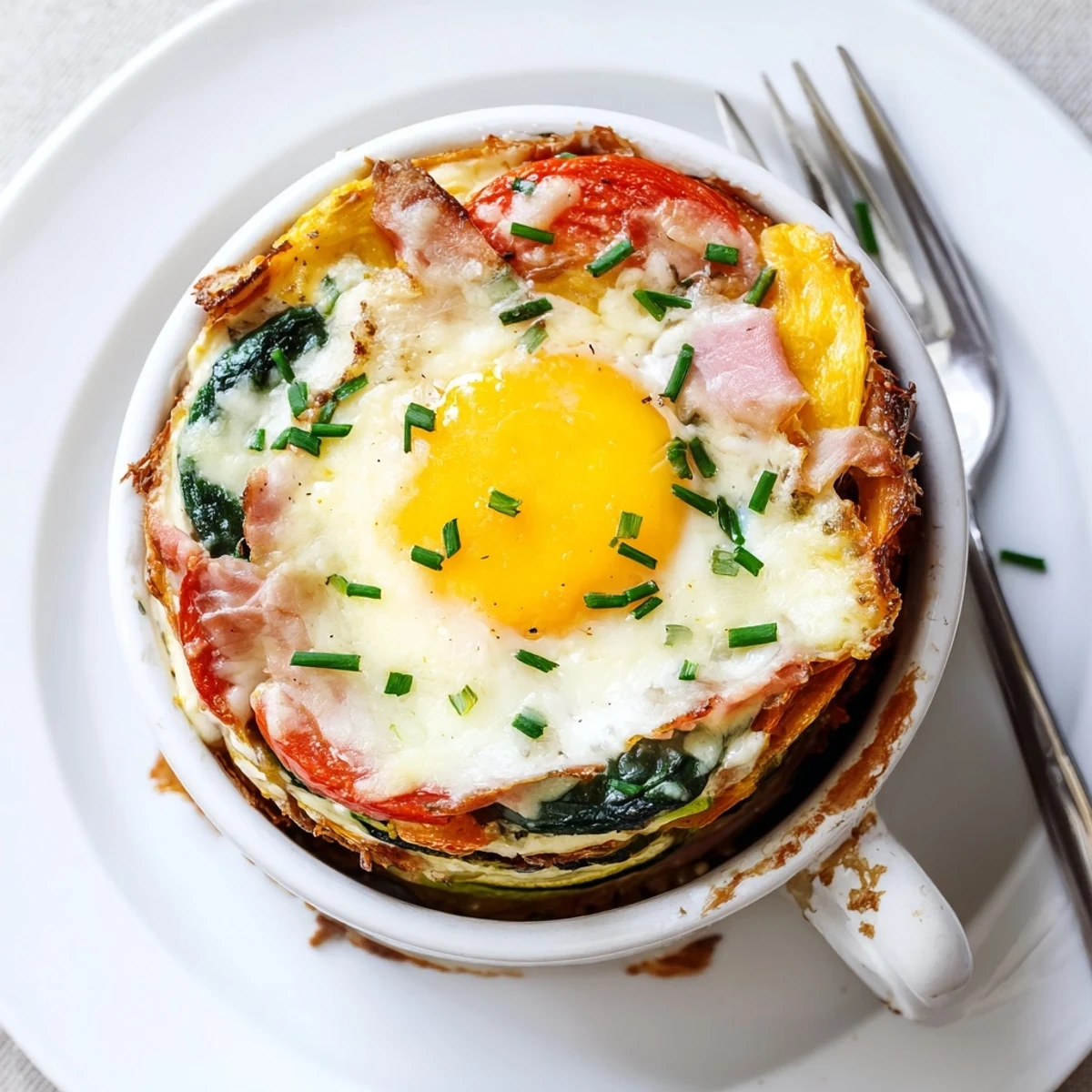 Creamy baked eggs napoleon served in ramekins with wilted spinach, tomato, and melted cheese sauce