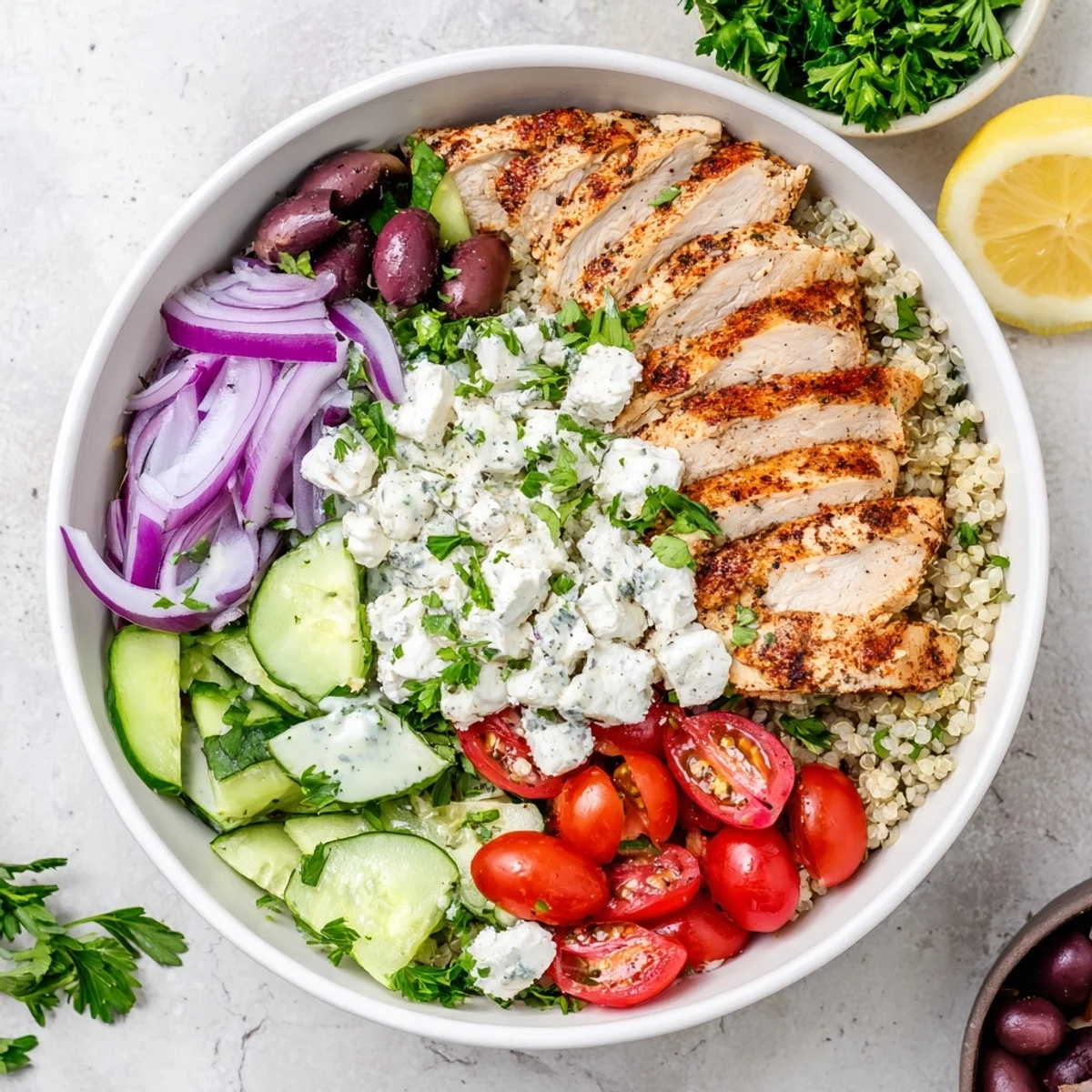 Juicy grilled chicken slices over fluffy quinoa with bright Mediterranean vegetables and tangy dressing