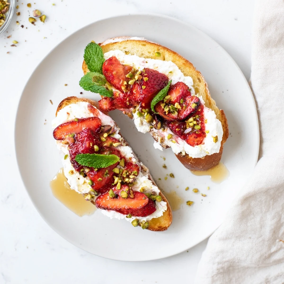 Golden sourdough toast topped with fluffy whipped ricotta and glistening roasted strawberry slices.