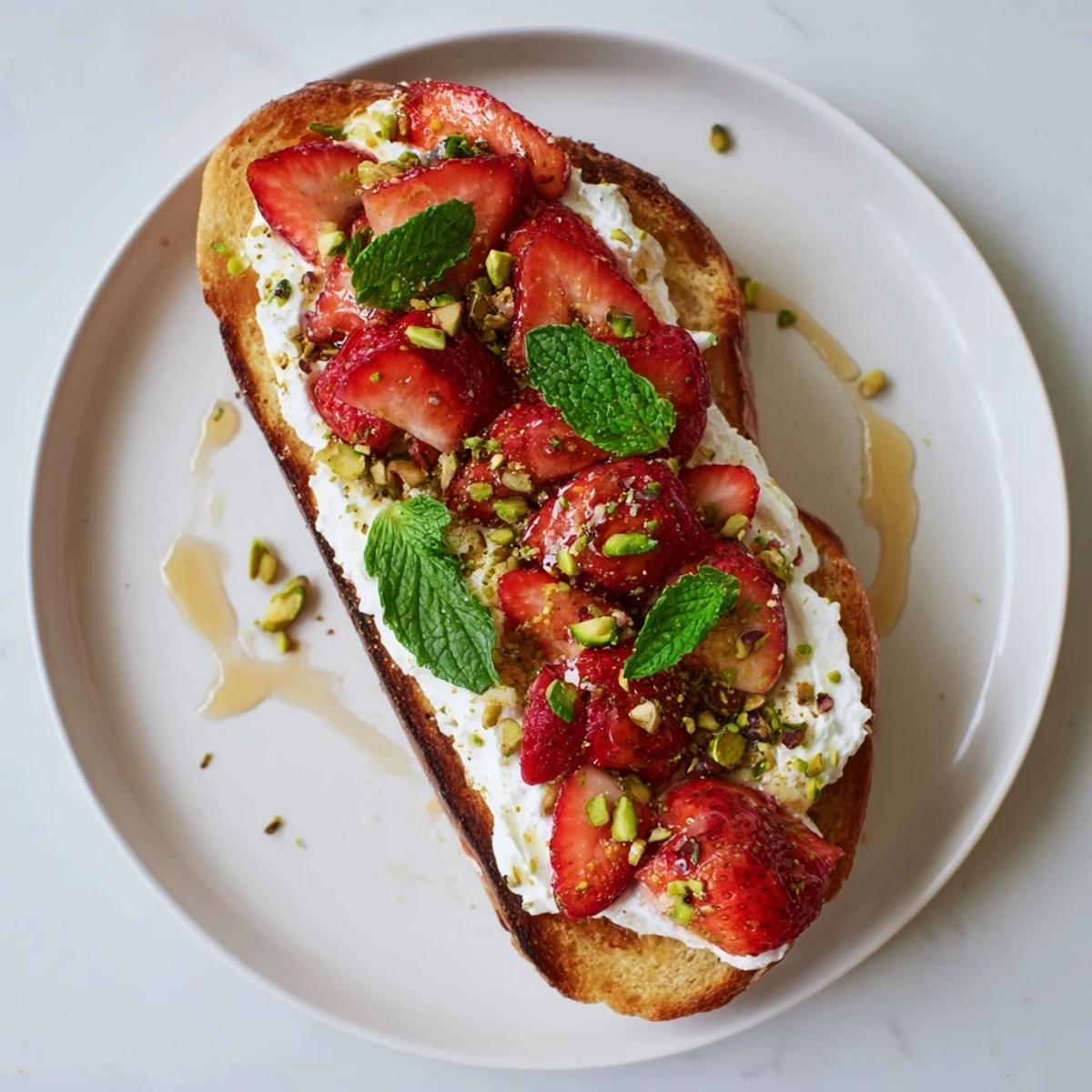 Creamy lemon-zest whipped ricotta spread on crispy bread with ruby roasted strawberry topping.