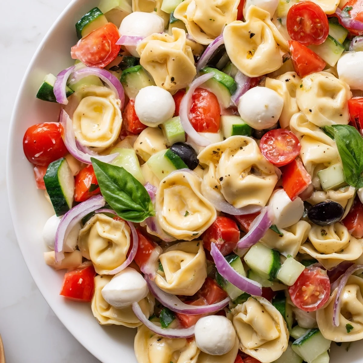 Creamy cheese tortellini salad with crisp peppers, tomatoes, and zesty herb dressing