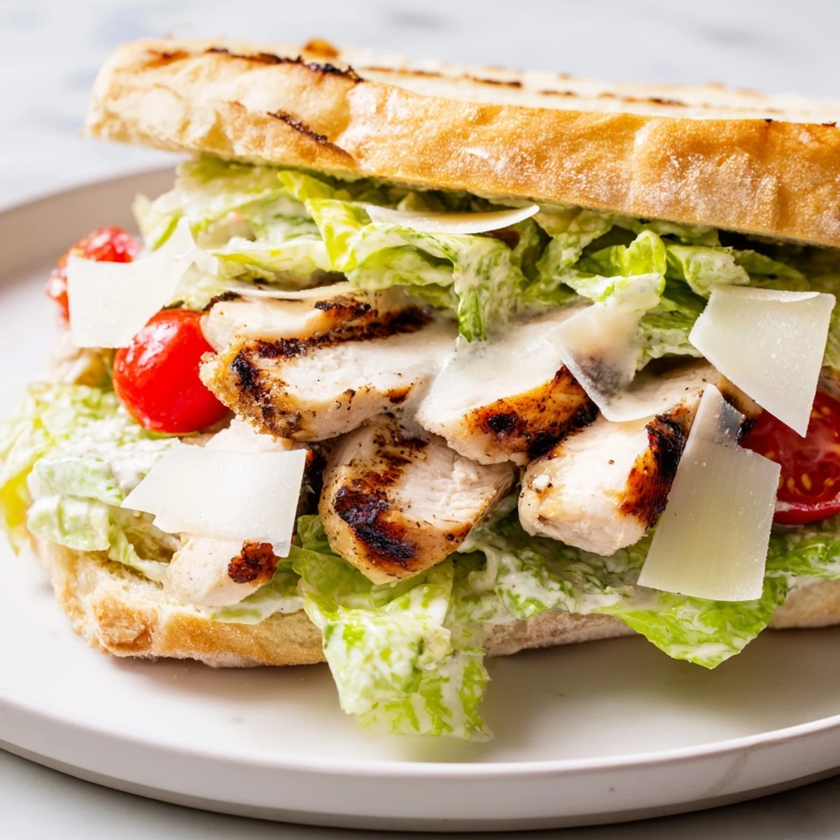 Grilled chicken Caesar sandwich with crisp romaine and creamy dressing on golden toasted ciabatta