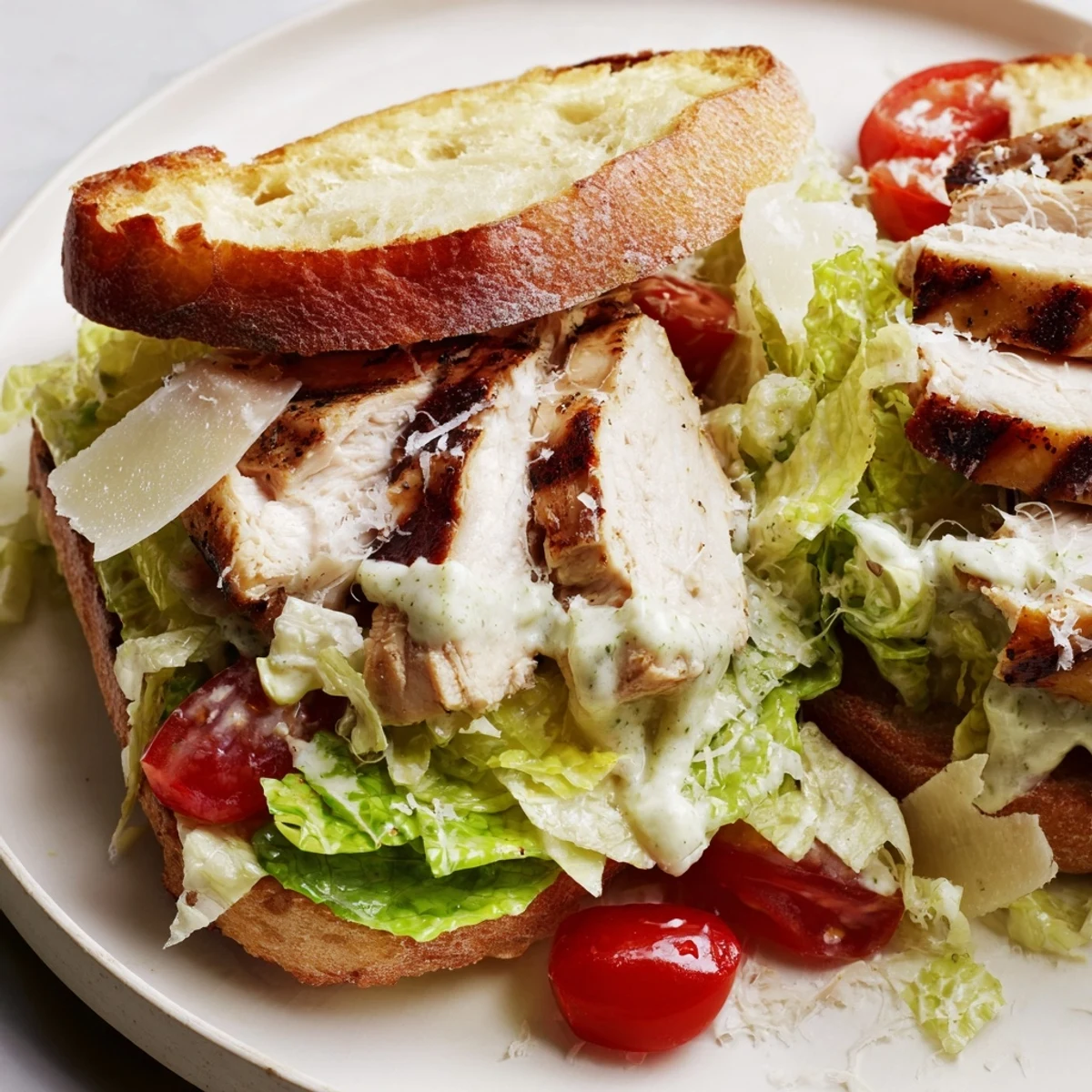 Juicy sliced chicken Caesar sandwich topped with shaved Parmesan and fresh romaine lettuce