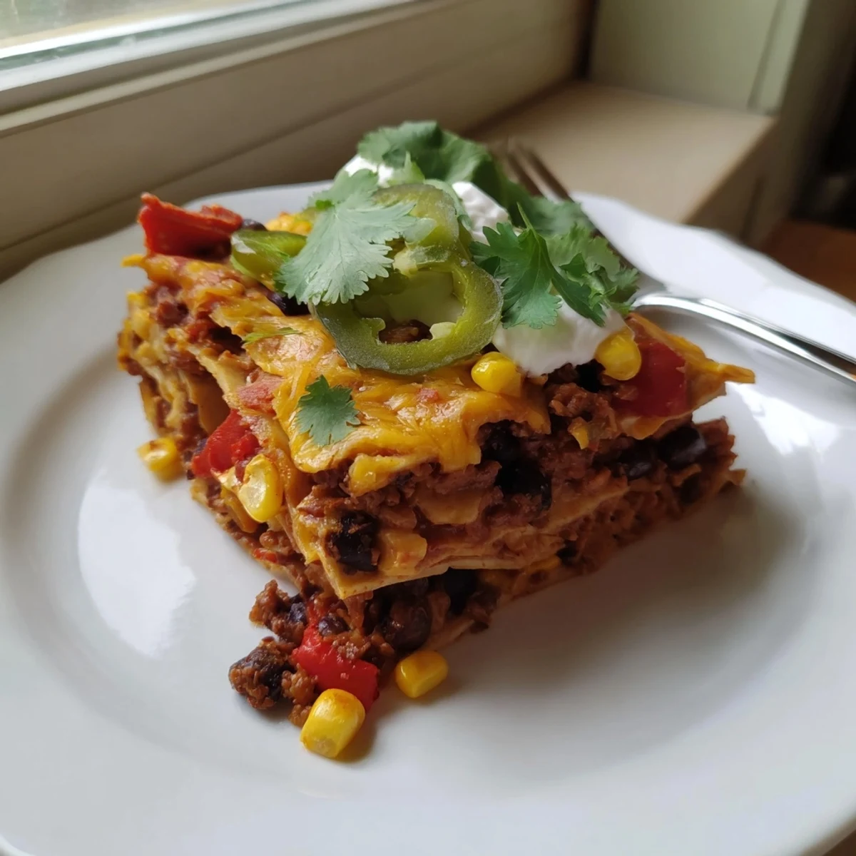 Golden bubbling Mexican lasagna with layers of seasoned beef, beans, and melted cheese