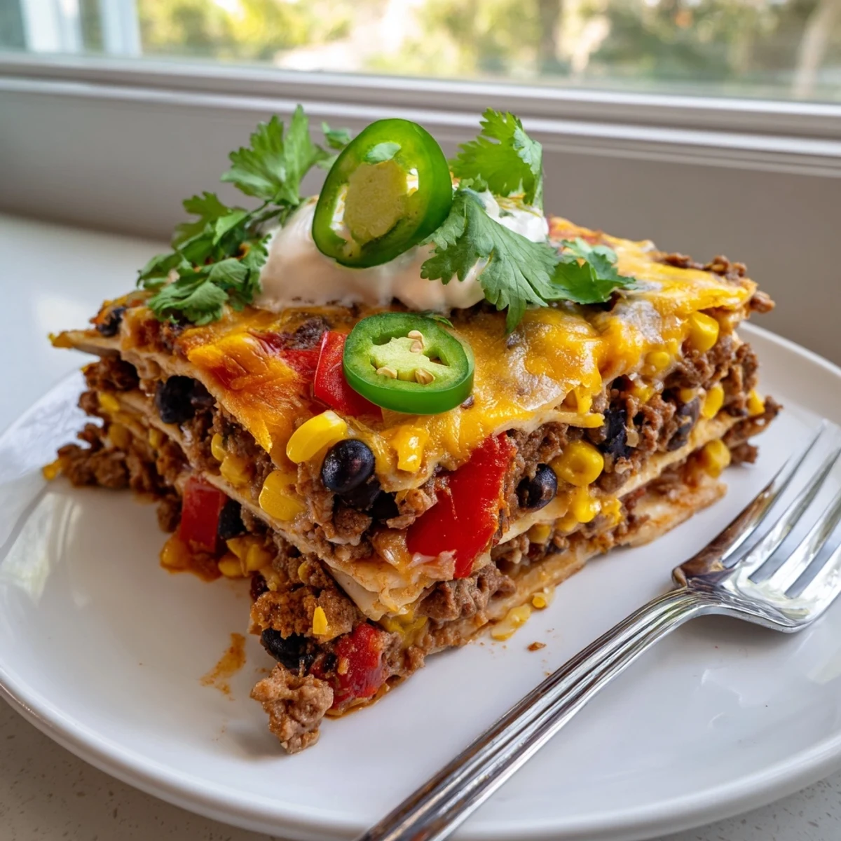 Mexican lasagna fresh from the oven with gooey cheese and colorful pepper filling
