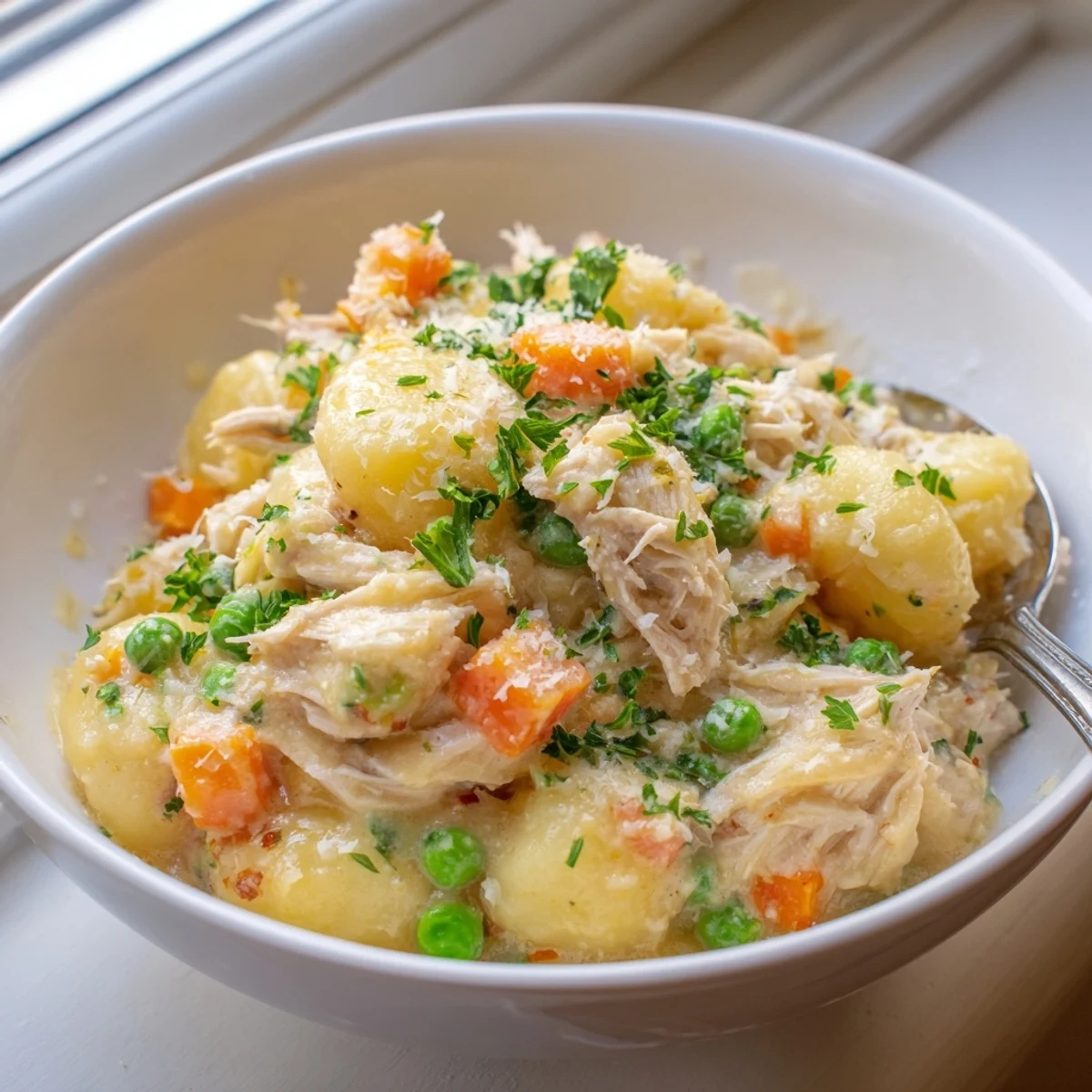 Creamy one pot gnocchi chicken pot pie in a cast iron skillet with tender vegetables and golden sauce