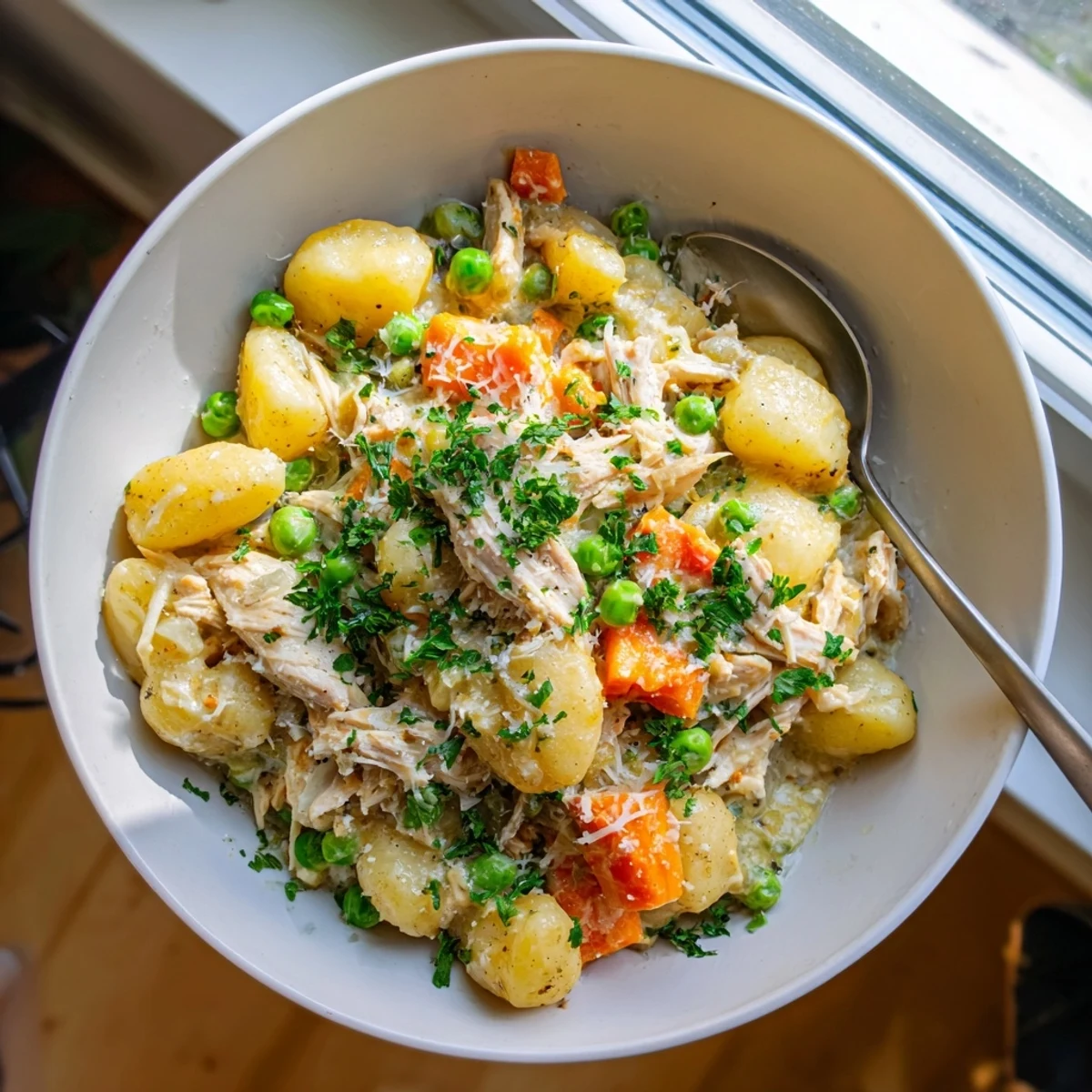 One pot gnocchi chicken pot pie topped with fresh parsley garnish in a rustic Dutch oven