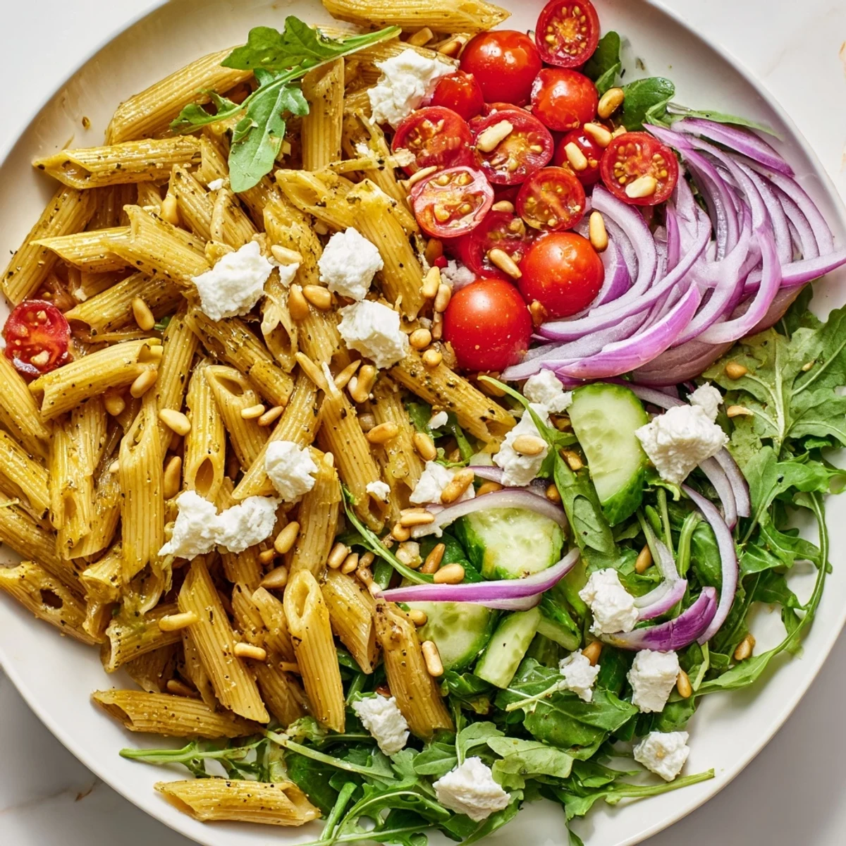 Bright lemon arugula pasta salad tossed with cherry tomatoes, cucumber, and crumbly feta cheese.
