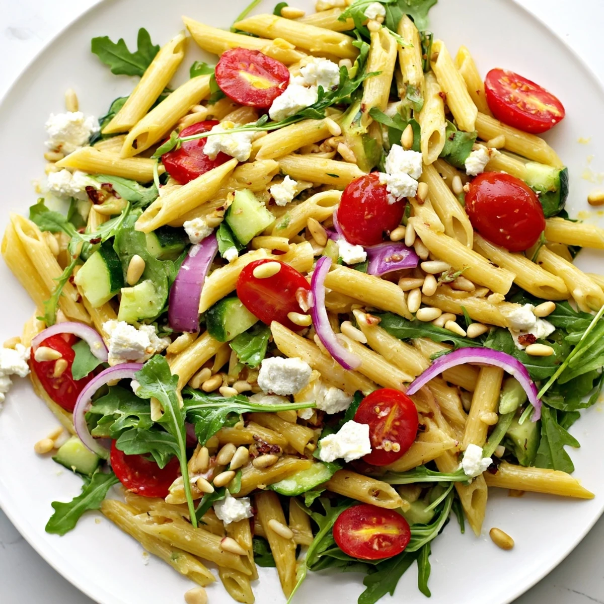 Quick lemon arugula pasta salad served chilled in a rustic bowl with fresh peppery greens.