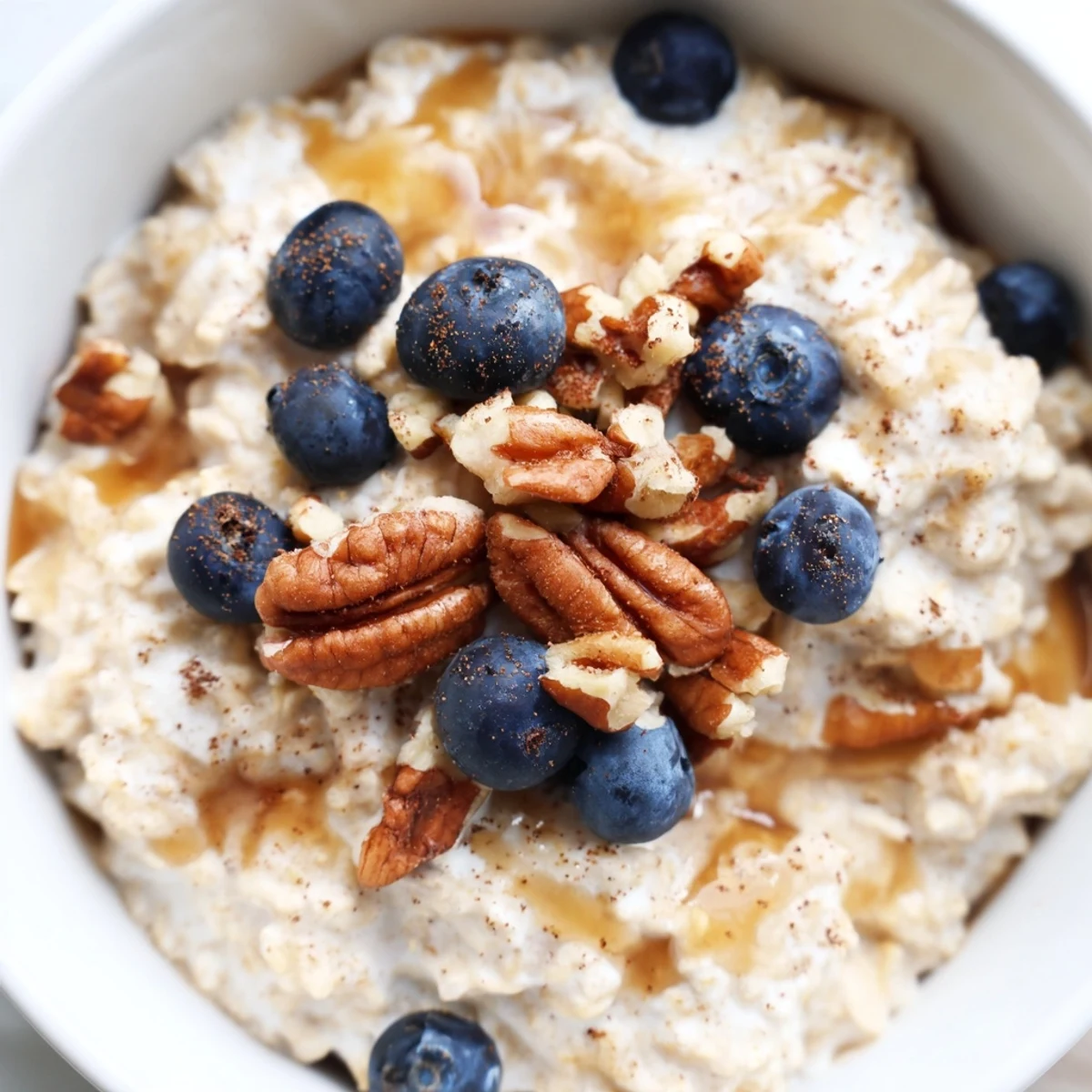 Creamy maple cinnamon pecan overnight oats topped with crunchy nuts in a glass jar
