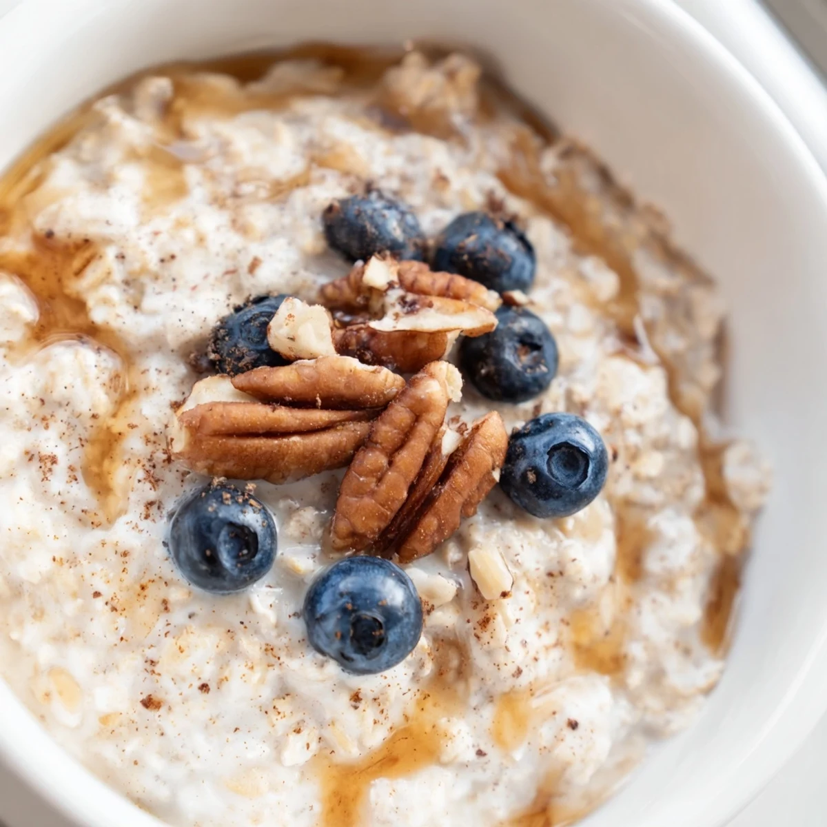 Maple cinnamon pecan overnight oats served chilled with a drizzle of sweet syrup
