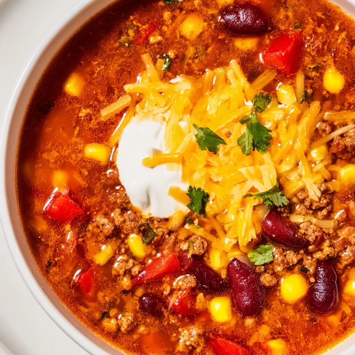 Steaming bowl of Crockpot Ground Beef Taco Soup topped with melted cheese and cilantro