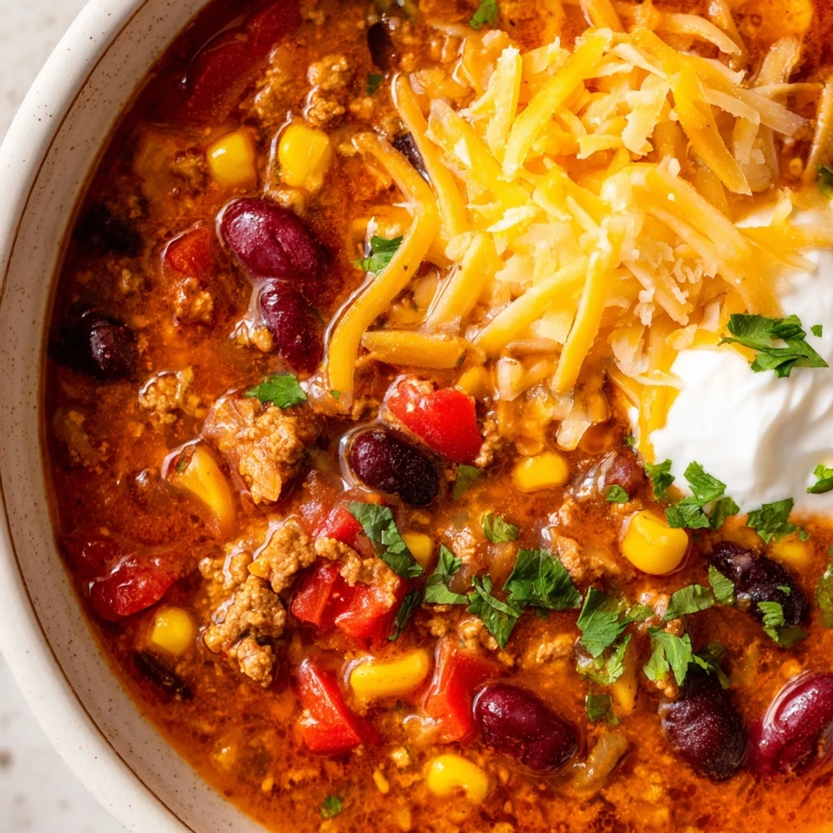 Crockpot Ground Beef Taco Soup loaded with tender beans, corn, and vibrant peppers