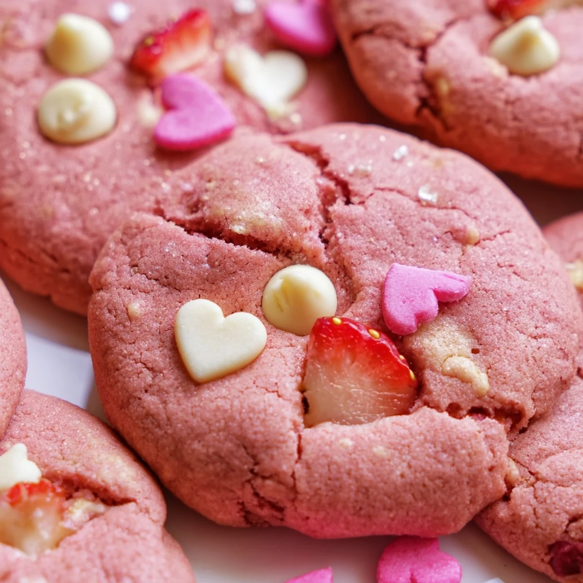 Soft pink Valentine strawberry cookies with white chocolate chips arranged on a rustic baking sheet