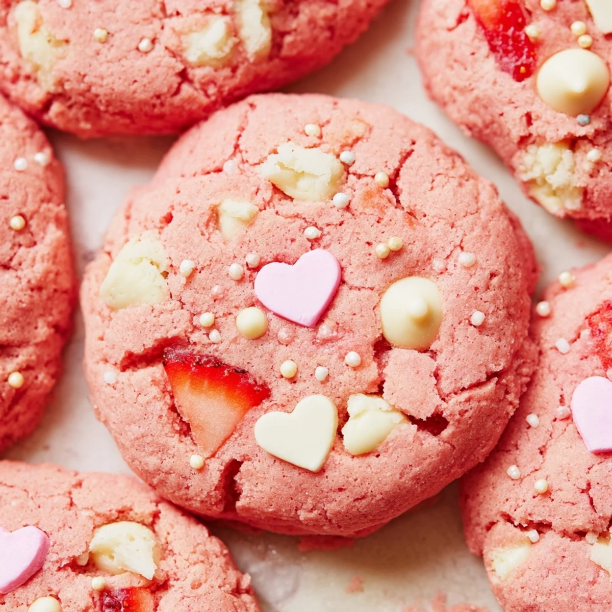 Chewy Valentine strawberry cookies topped with heart-shaped sprinkles on a white ceramic serving plate